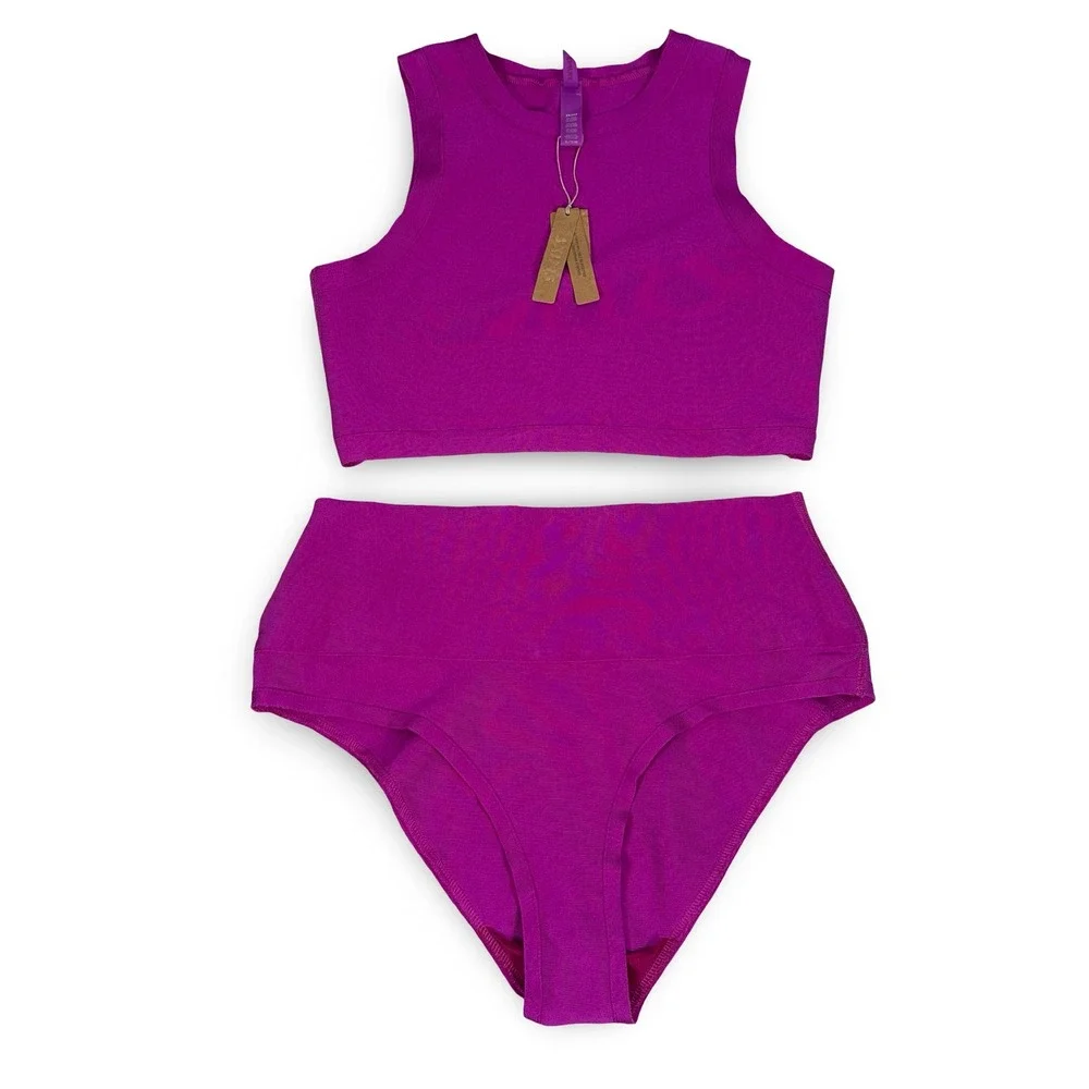 SKIMS Knit Swim High Neck Top and Briefs Set Lollipop Purple Pink XL NEW